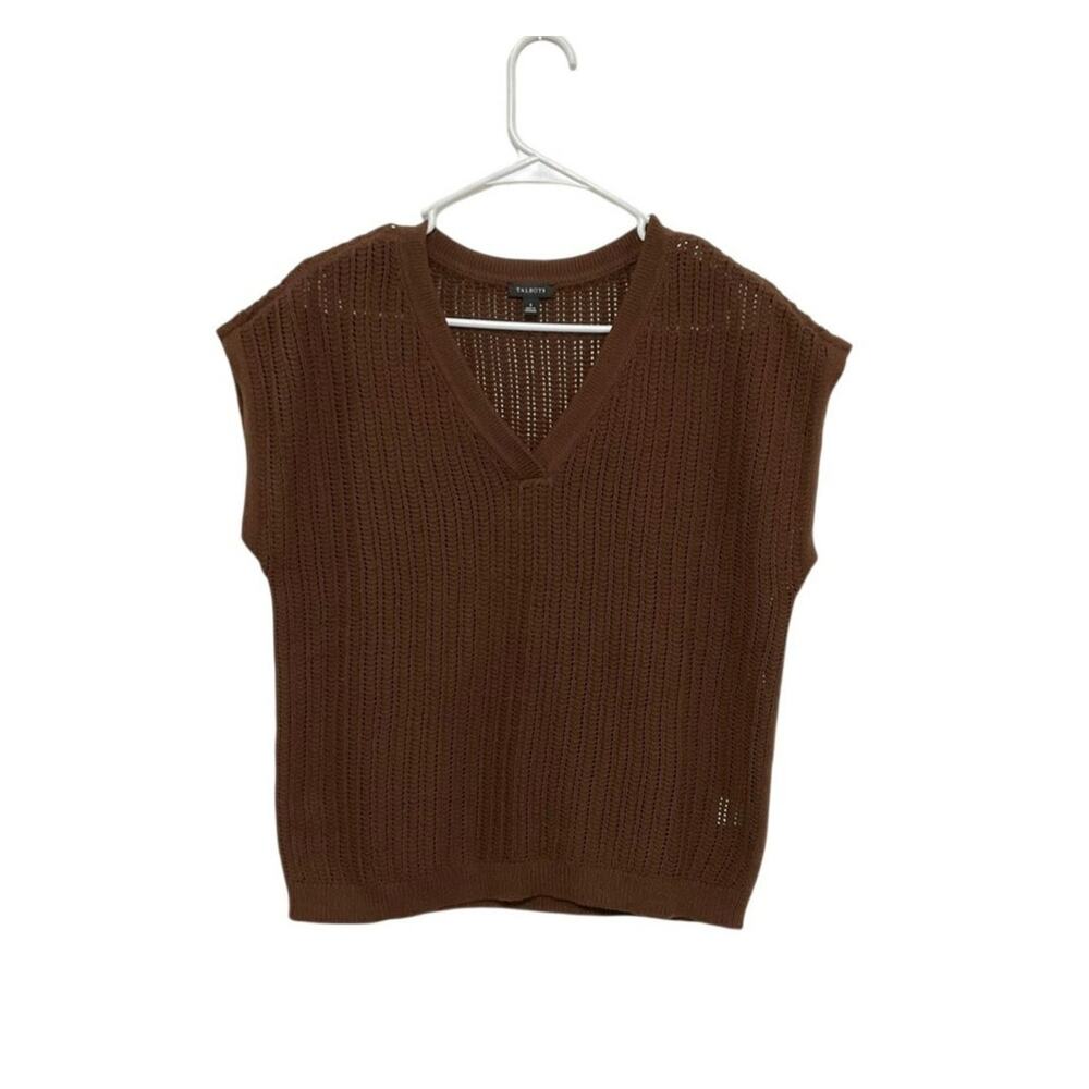 Talbots Open Stitch V-Neck Pullover Sweater Vest Brown Womens Size Small